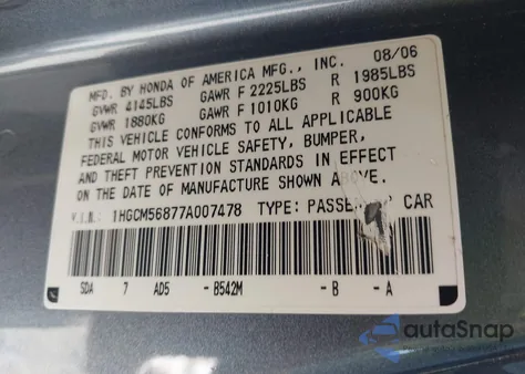 2007 Honda Accord 2.4 Ex из США, поврежденный, VIN 1HGCM56877A007478